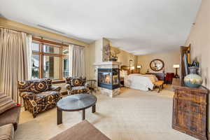 Carpeted bedroom featuring a multi sided fireplace