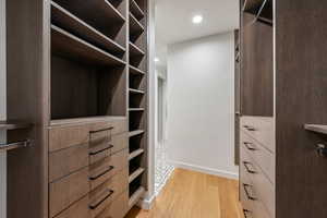 Walk in closet with light wood-type flooring