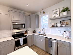 Kitchen with sink, decorative backsplash, gray cabinets, light hardwood / wood-style floors, and stainless steel appliances