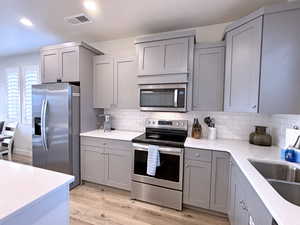 Kitchen with gray cabinets, light hardwood / wood-style floors, sink, and stainless steel appliances