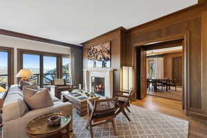 Living room with a high end fireplace, wooden walls, light hardwood / wood-style flooring, and a healthy amount of sunlight