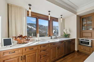 Kitchen with sink, dark wood-type flooring, a mountain view, pendant lighting, and appliances with stainless steel finishes