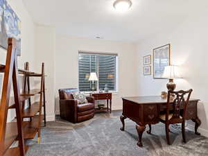 Office with a textured ceiling and carpet floors