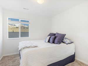 Bedroom featuring light colored carpet