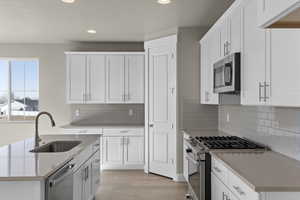 Kitchen with sink, white cabinetry, stainless steel appliances, tasteful backsplash, and light wood-type flooring