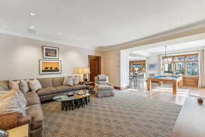 Living room with light hardwood / wood-style flooring, ornamental molding, and billiards