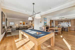 Rec room with a raised ceiling, light hardwood / wood-style flooring, and billiards