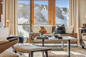 Living area featuring a mountain view