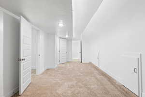 Basement featuring a textured ceiling and light colored carpet