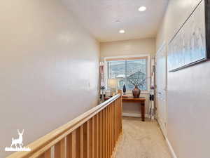 Hall featuring light carpet and a textured ceiling