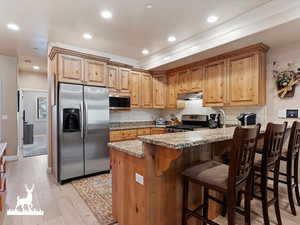 Kitchen featuring light stone countertops, kitchen peninsula, light hardwood / wood-style floors, a breakfast bar area, and appliances with stainless steel finishes