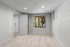 Unfurnished room with light carpet and a textured ceiling