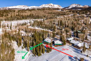 Snowy aerial view featuring a mountain view