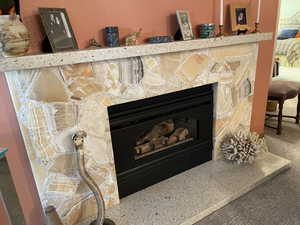 Room details with carpet and a stone fireplace