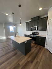 Kitchen with sink, dark hardwood / wood-style floors, an island with sink, appliances with stainless steel finishes, and decorative light fixtures