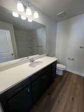 Bathroom with hardwood / wood-style flooring, vanity, and toilet