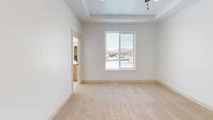 Carpeted empty room featuring a tray ceiling and ceiling fan