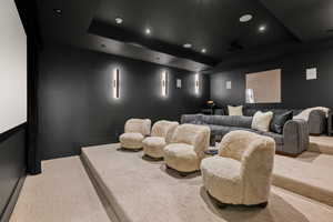 Carpeted cinema with a raised ceiling