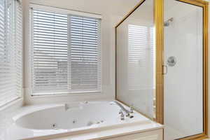 Bathroom with plus walk in shower and a healthy amount of sunlight