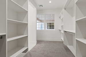 Walk in closet featuring light carpet