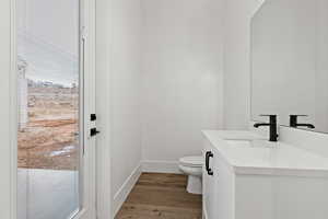 Bathroom with vanity, wood-type flooring, and toilet