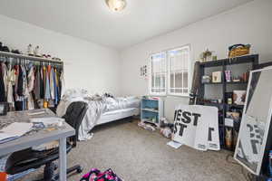 Bedroom with crown molding and carpet floors