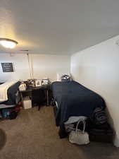 Bedroom with carpet and a textured ceiling