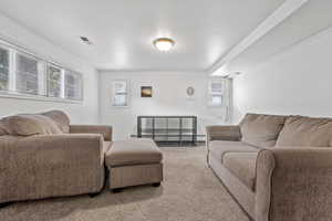 Living room with carpet and a baseboard radiator