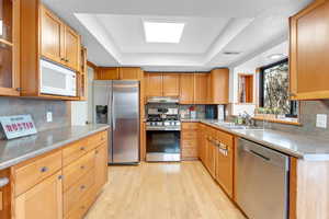 Kitchen featuring backsplash, stainless steel appliances, a tray ceiling, sink, and light hardwood / wood-style flooring