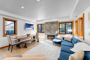 Living room with a tray ceiling, a large fireplace, and light hardwood / wood-style floors