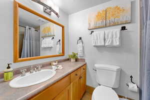 Bathroom with a textured ceiling, vanity, toilet, and walk in shower