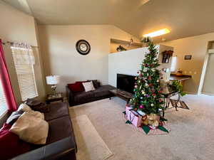 Carpeted living room featuring vaulted ceiling