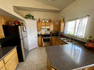 Kitchen with kitchen peninsula, appliances with stainless steel finishes, vaulted ceiling, and sink