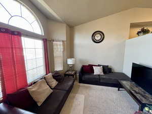 Living room featuring carpet floors and vaulted ceiling