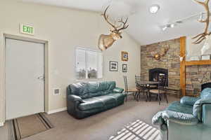 Living room with a fireplace, carpet floors, rail lighting, and lofted ceiling