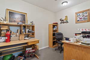 View of carpeted home office