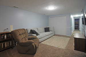 Carpeted living room with a textured ceiling