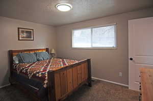 Bedroom featuring a textured ceiling and carpet