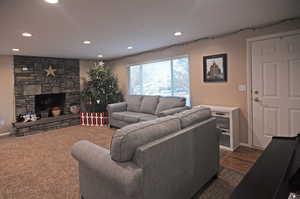 Living room featuring a stone fireplace