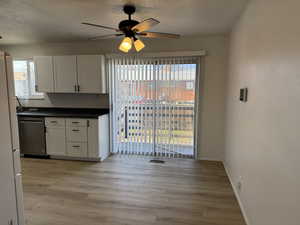 Kitchen featuring stainless steel dishwasher, plenty of natural light, and white cabinetry