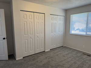 Unfurnished bedroom featuring carpet flooring, a textured ceiling, and two closets