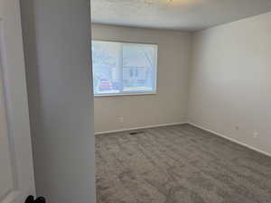 Carpeted empty room with a textured ceiling