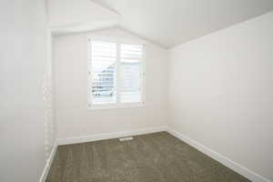 Additional living space featuring lofted ceiling and dark colored carpet