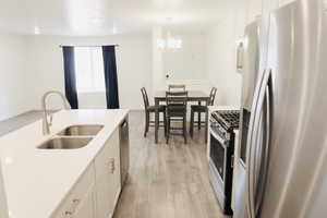 Kitchen featuring white cabinetry, sink, stainless steel appliances, light hardwood / wood-style floors, and pendant lighting