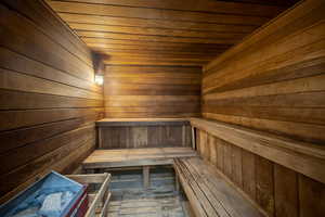 View of sauna / steam room with hardwood / wood-style flooring