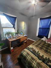 Bedroom featuring dark hardwood / wood-style flooring and ceiling fan