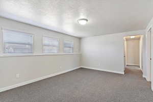 Basement Family room with carpet and a textured ceiling