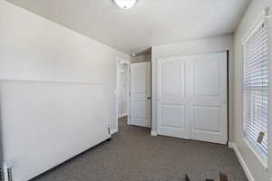 bedroom with carpet, a textured ceiling, and a closet