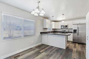 Kitchen featuring dark hardwood / wood-style flooring, white cabinetry, hanging light fixtures, and appliances with stainless steel finishes