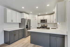 Kitchen featuring white cabinets, appliances with stainless steel finishes, gray cabinetry, and sink